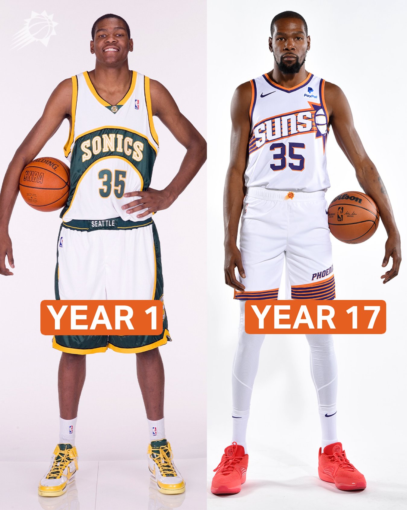 Kevin Durant at his year 1 media day side-by-side his media day picture for year 17.