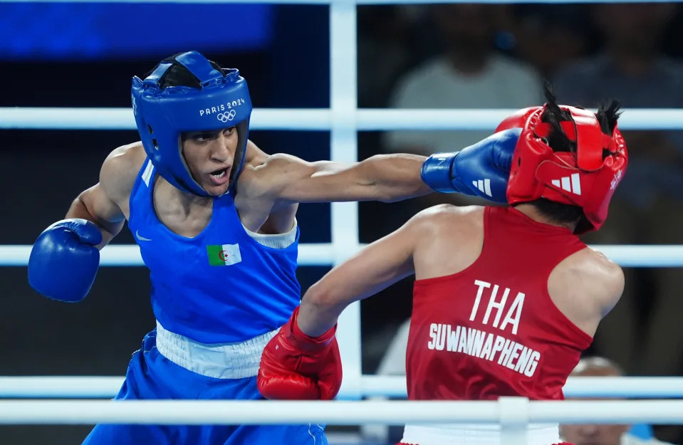 Algeria's Imane Khelif (left) in action against Thailand's Janjaem Suwannapheng during the Women's 66kg Semi-Final at Roland-Garros Stadium on the Eleventh day of the 2024 Paris Olympic Games in France. Picture date: Tuesday August 6, 2024. (Photo by Peter Byrne/PA Images via Getty Images)