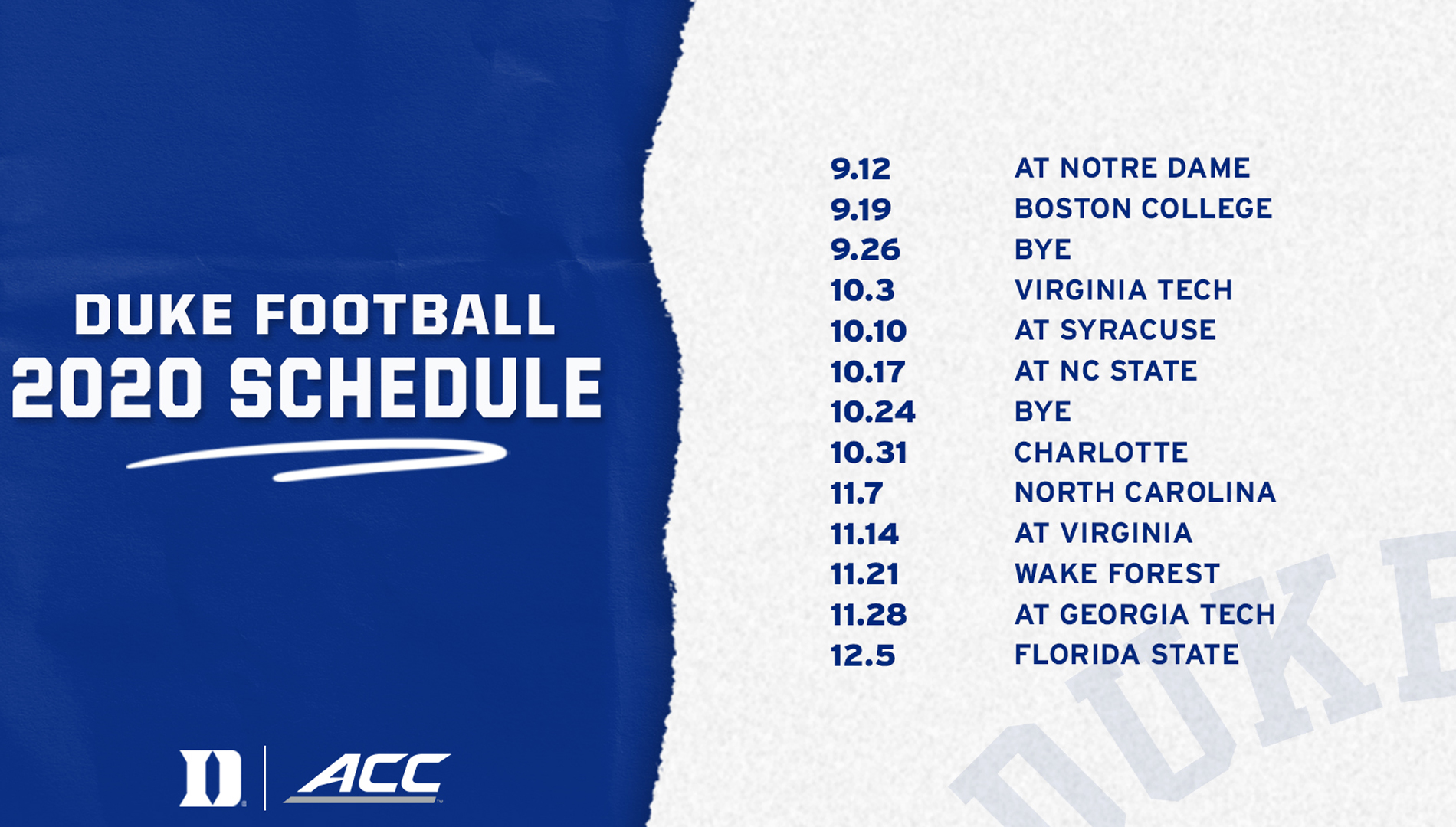 The ACC announced Duke's amended football schedule for the upcoming 2020 season. 