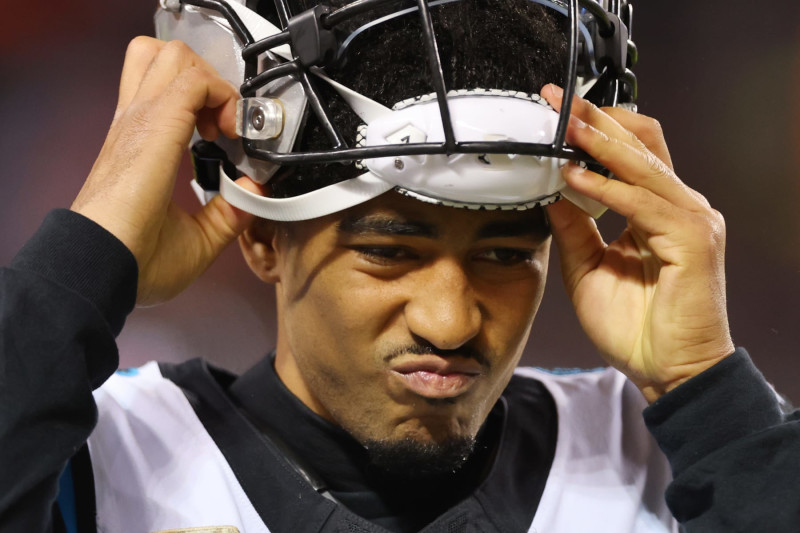 CHICAGO, ILLINOIS - NOVEMBER 09: Bryce Young #9 of the Carolina Panthers reacts against the Chicago Bears during the first half at Soldier Field on November 09, 2023 in Chicago, Illinois. (Photo by Michael Reaves/Getty Images)