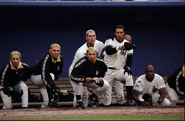 jun-1998-players-from-long-beach-watch-from-the-dugout-during-the-picture-id72349850