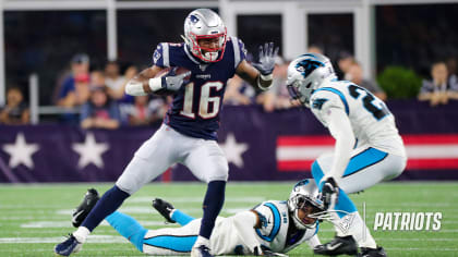 Patriots wide receiver Jakobi Meyers (16) runs during New England's game against the Carolina Panthers in 2019.